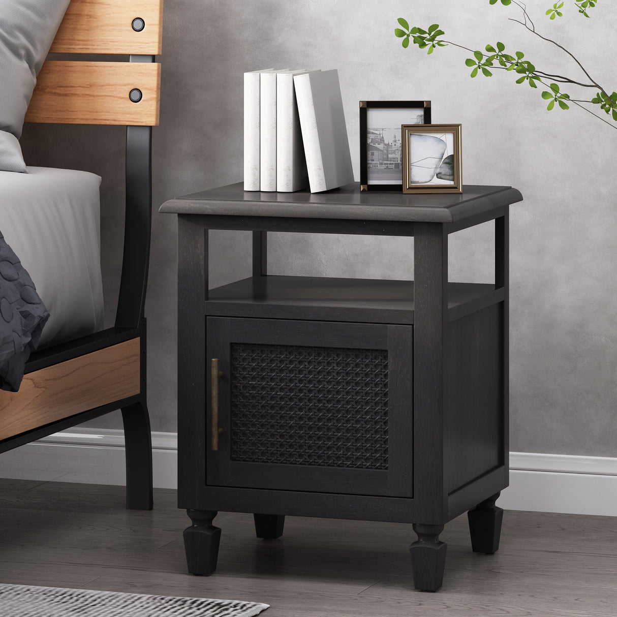 Black Nightstand with Cane Accent