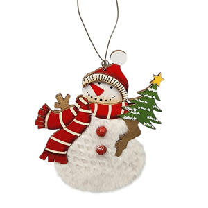 Wood and Fur Snowman Ornament - Holding a Tree