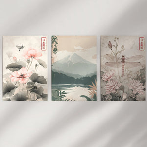 Japandi Style Set of 3 Wall Art. Floral and Mountain Prints