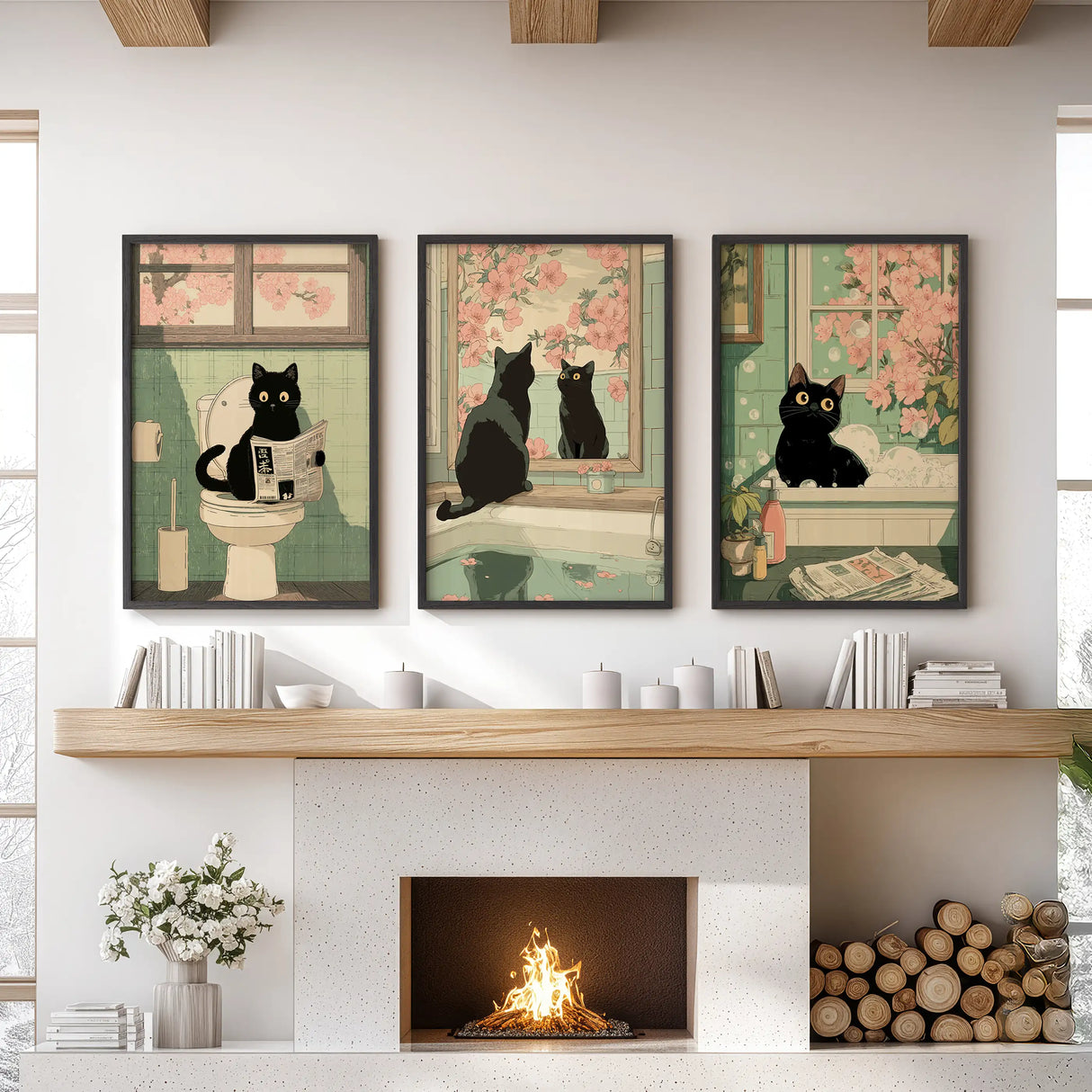 Funny Bathroom Poster. Japan Cat Pooping Wall Art Set of 3