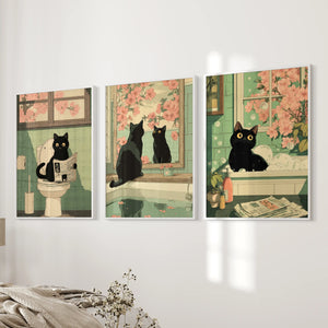Funny Bathroom Poster. Japan Cat Pooping Wall Art Set of 3