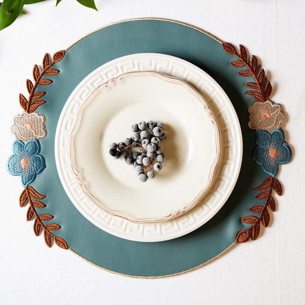 Jasmine Blue Round Faux Leather Placemats