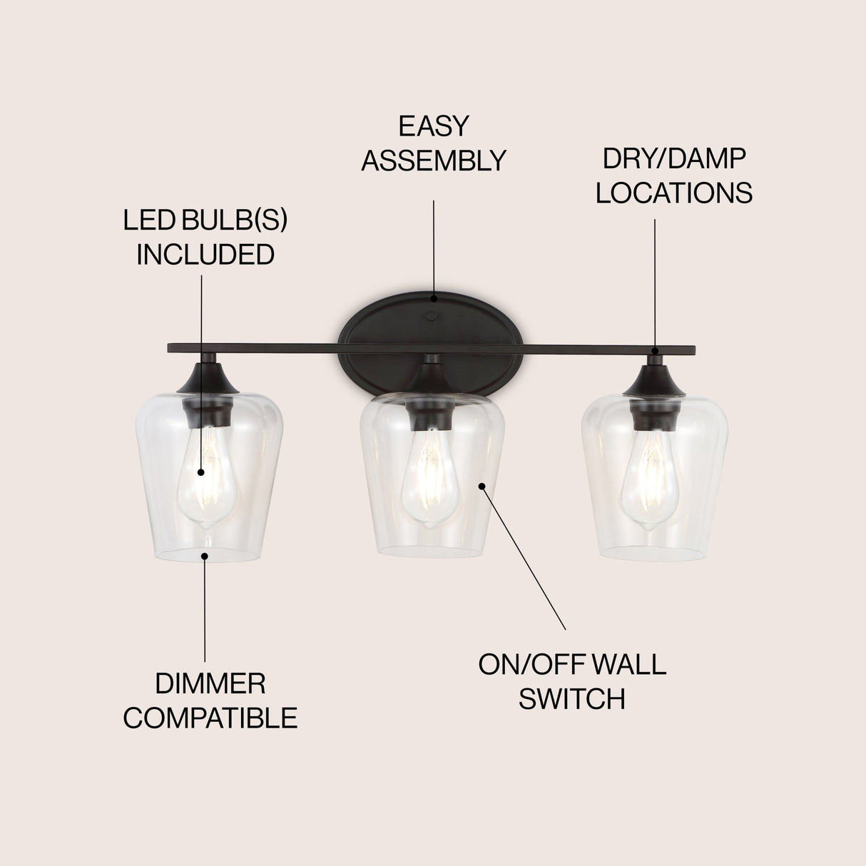 Jayne 3 - light iron/seeded glass cottage rustic led vanity light - Tuesday Morning - Bathroom Vanity Lights