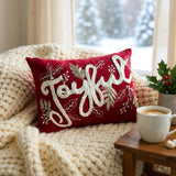 Joyful Gold and Red Embroidered Christmas Themed Pillow