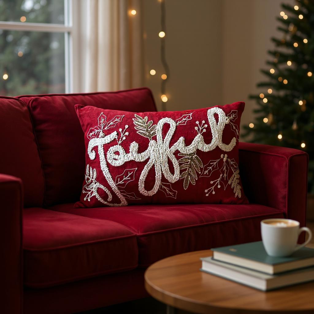 Joyful Gold and Red Embroidered Christmas Themed Pillow