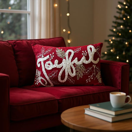 Joyful Gold and Red Embroidered Christmas Themed Pillow