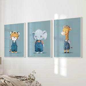 Safari Nursery Wall Art Set of 3. Baby Elephant, Giraffe, Tiger