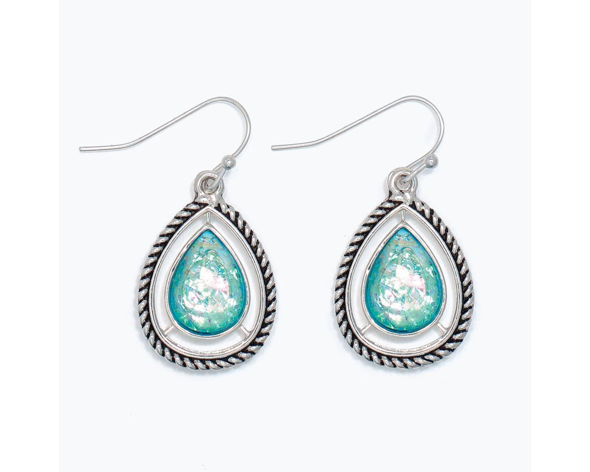 Shimmering Aqua Teardrop Earrings with Detailed Silver