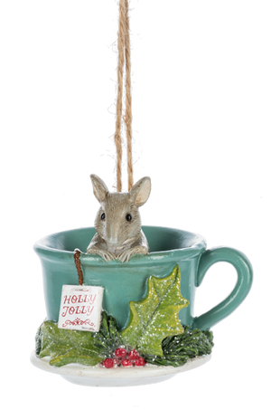 Holiday Mouse With Teacup Ornament - Holly Jolly