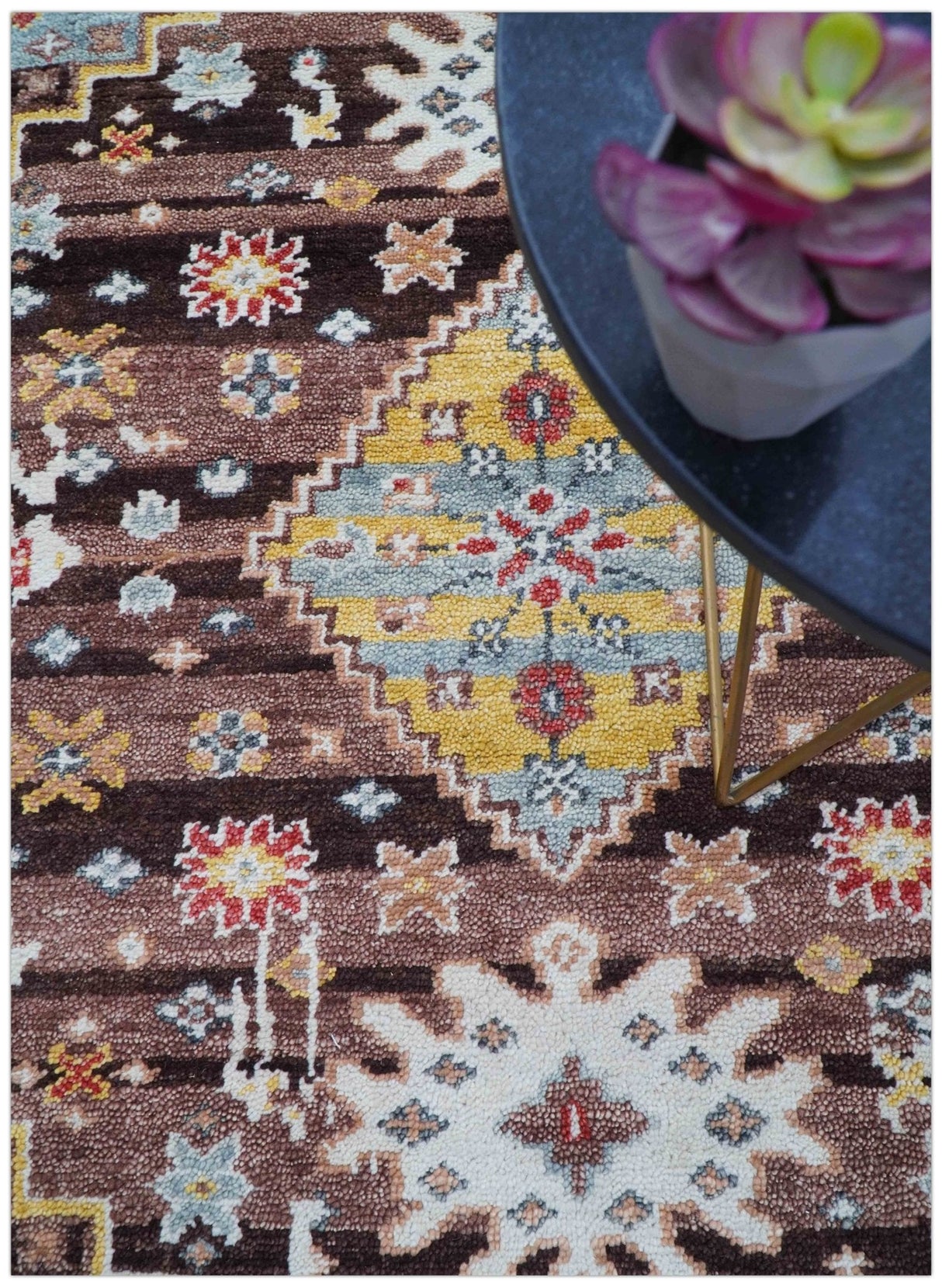 Ken Transitional Design Brown And Mustard Hand Knotted Wool Rug