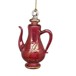 Tall Gold Etched Teapot Ornament - Red