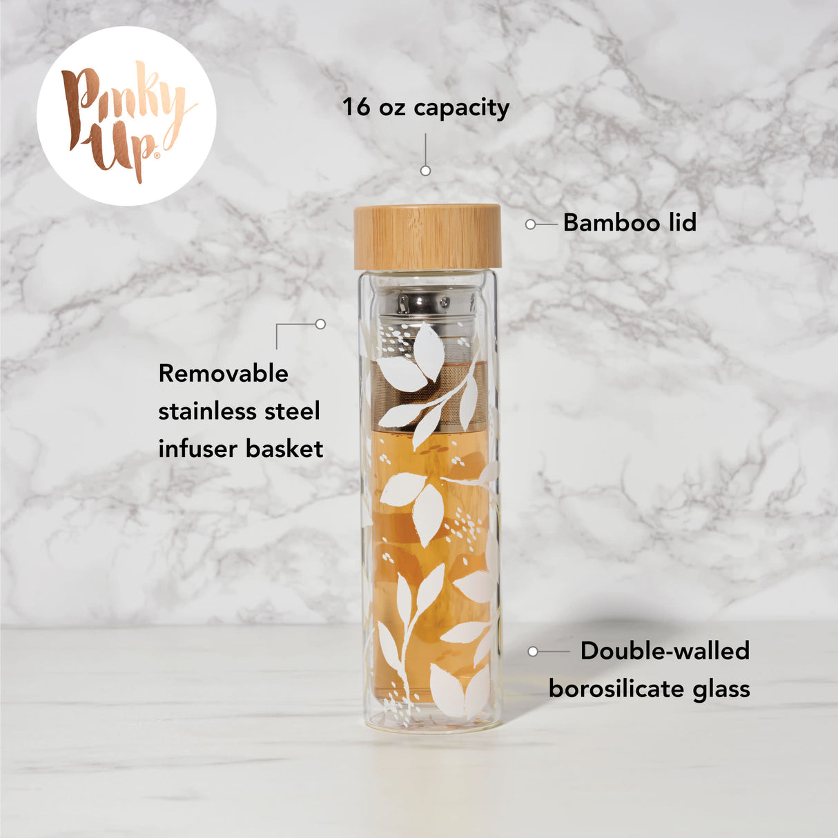 Blair white leaf pattern glass travel infuser mug