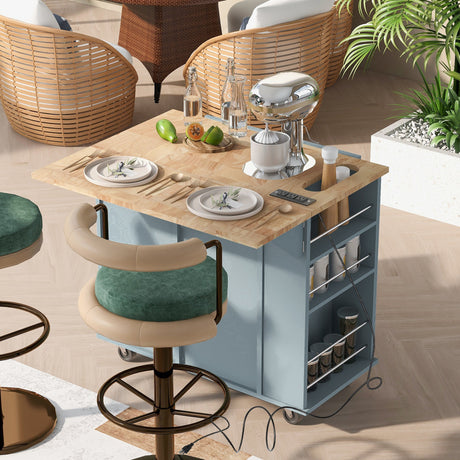 Kitchen island with power outlet and drop leaf , grey blue - Tuesday Morning - Kitchen Islands