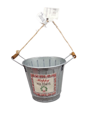 Metal Bucket With Saying Ornament - Happy Holidays