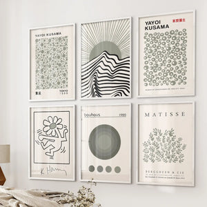 Gallery Wall Set of 6. Sage Green Bauhaus Prints Inspired by Kusama and Matisse