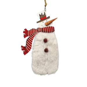 Wood and Fur Snowman Ornament - Red Scarf and Bowler Hat