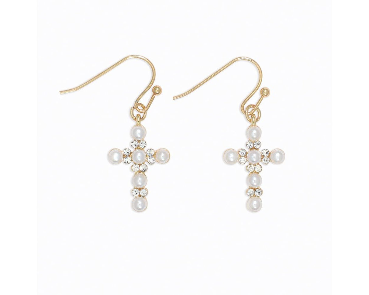 Pearl And Crystal Cross Earrings