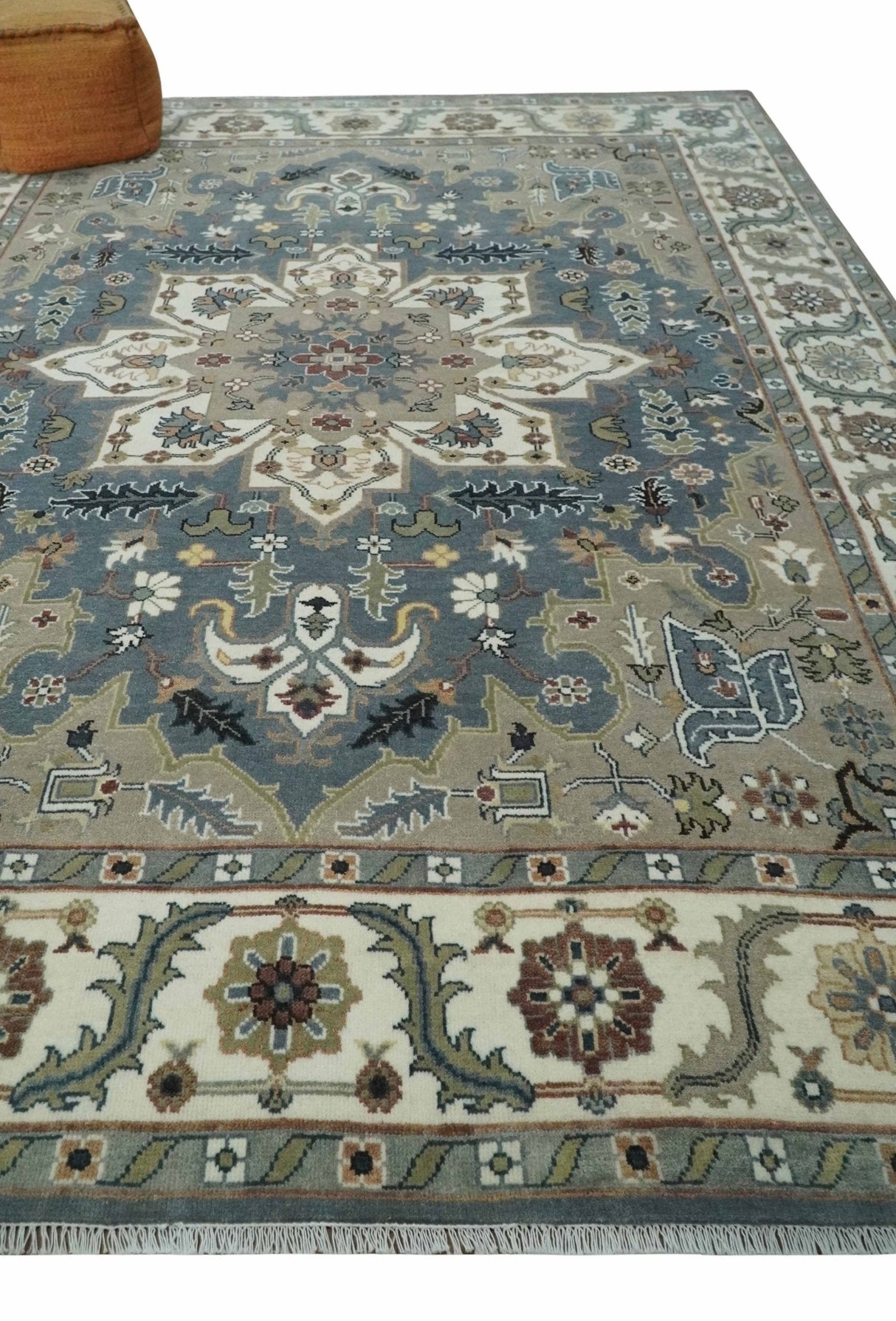 Large 9x12 Living Room Wool Rug, Hand Knotted Ivory, Charcoal and Olive Traditional Design