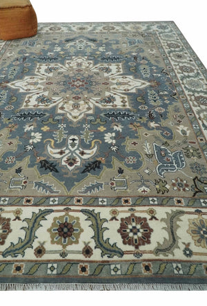 Large 9x12 Living Room Wool Rug, Hand Knotted Ivory, Charcoal and Olive Traditional Design