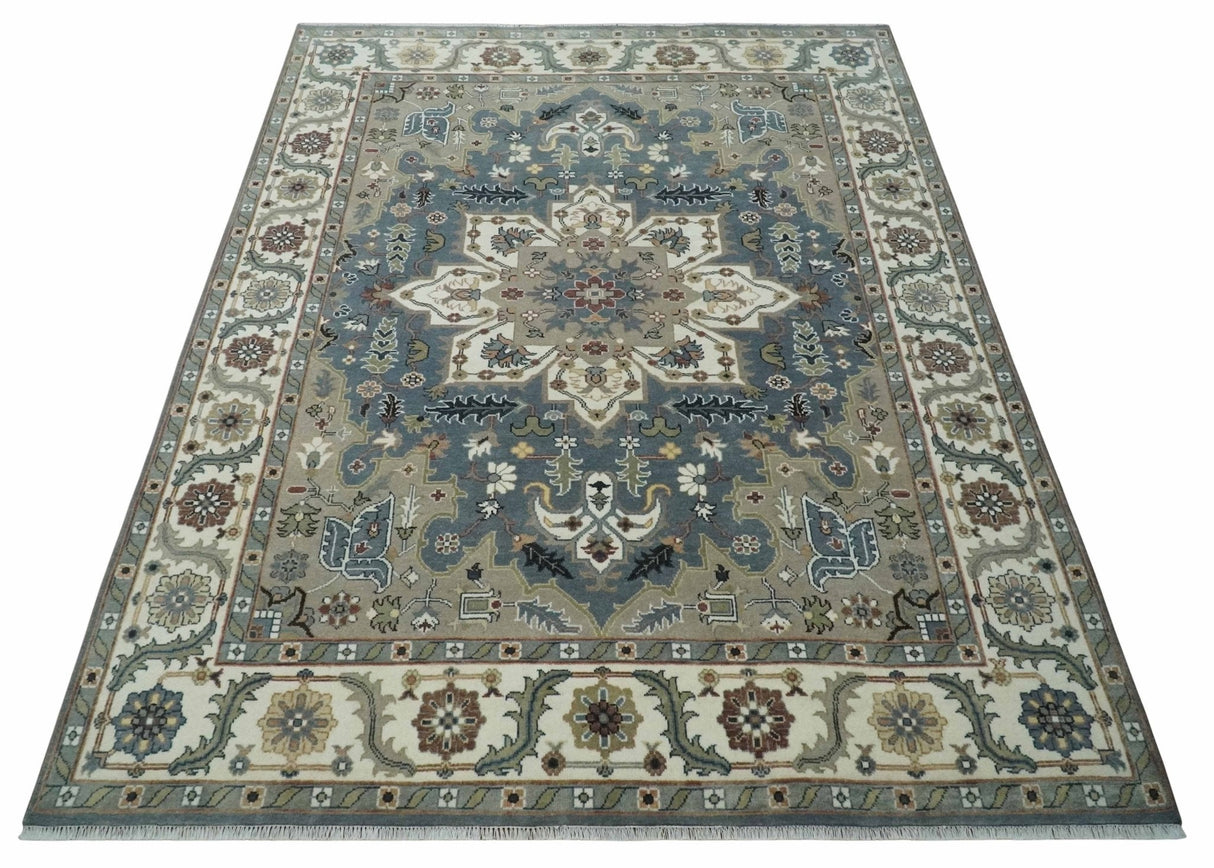 Large 9x12 Living Room Wool Rug, Hand Knotted Ivory, Charcoal and Olive Traditional Design