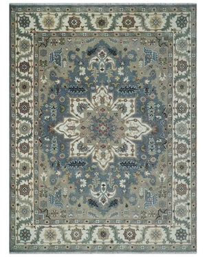 Large 9x12 Living Room Wool Rug, Hand Knotted Ivory, Charcoal and Olive Traditional Design