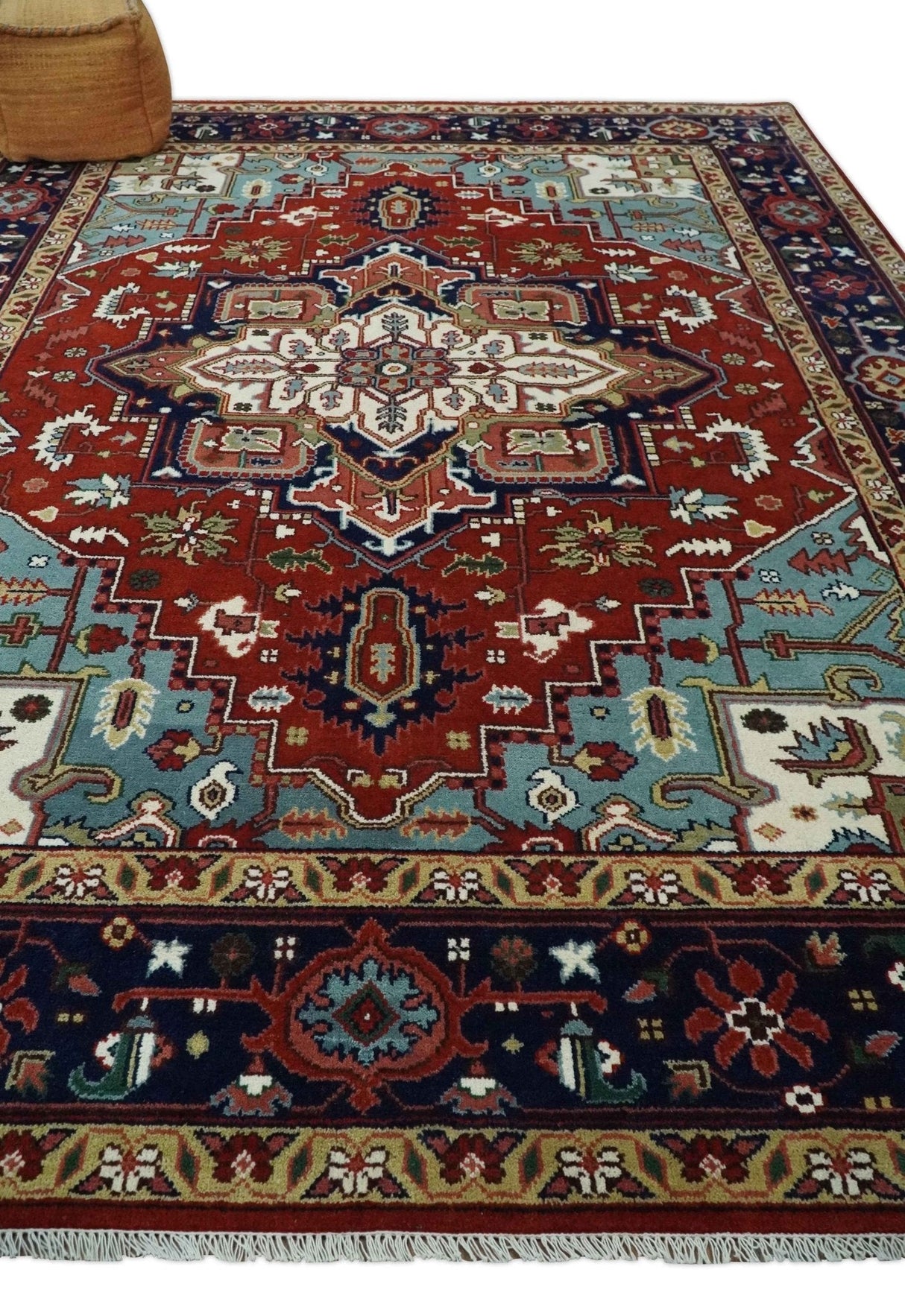 Large 9x12 Rust and Blue Hand Knotted Traditional Wool Rug
