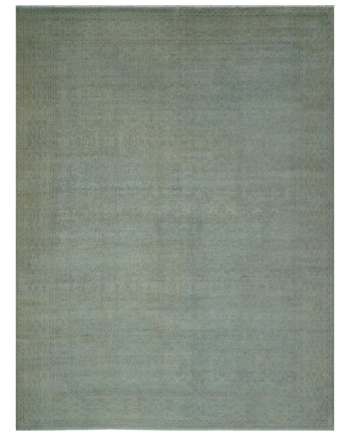 Large 9x12 Traditional Antique Style Beige and Aqua Turkish Knot Wool Rug