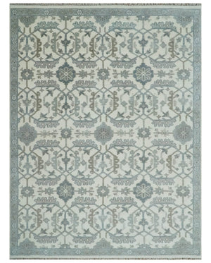 Large Hand Knotted Ivory and Silver 9x12 Oriental Oushak Traditional Wool Area Rug