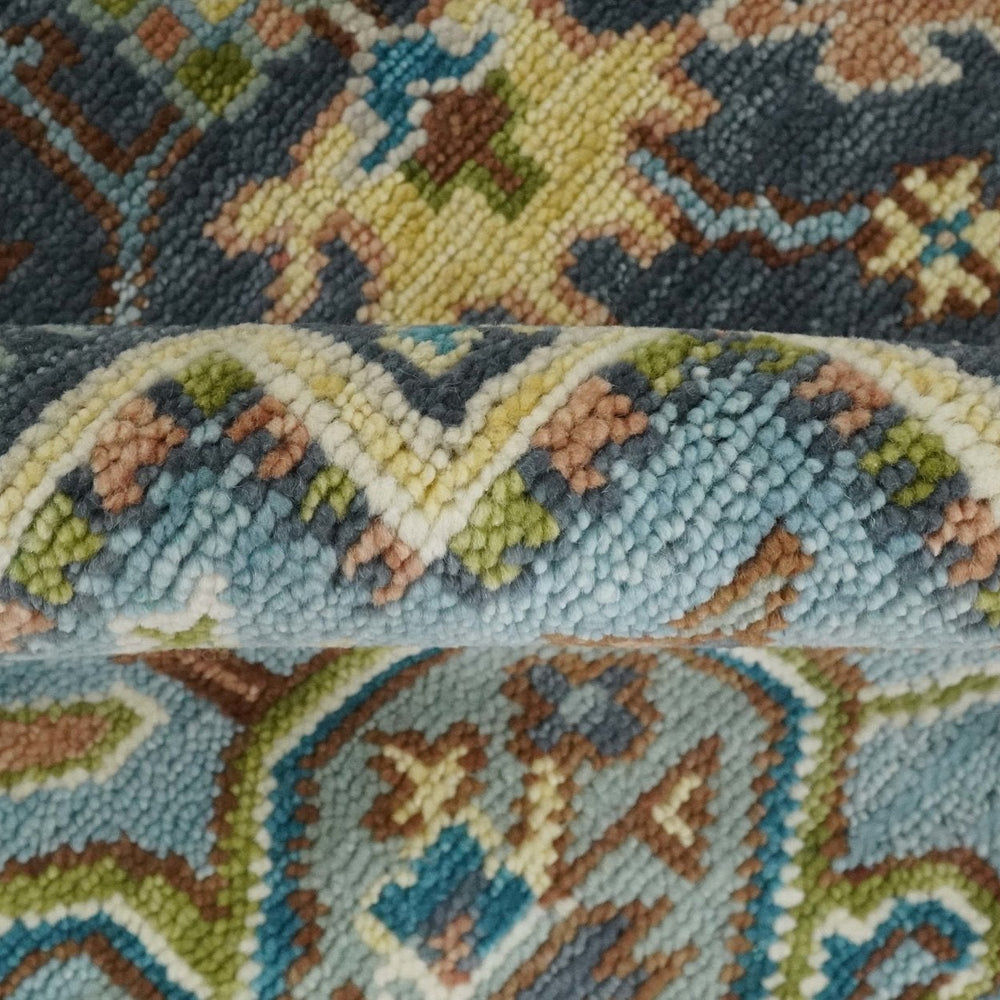 Ivory, Blue, Rust and Beige Hand knotted Traditional Heriz wool Area Rug
