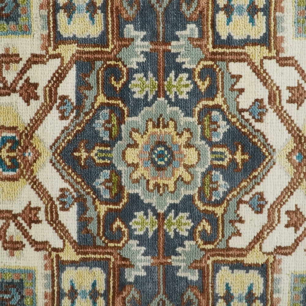 Ivory, Blue, Rust and Beige Hand knotted Traditional Heriz wool Area Rug