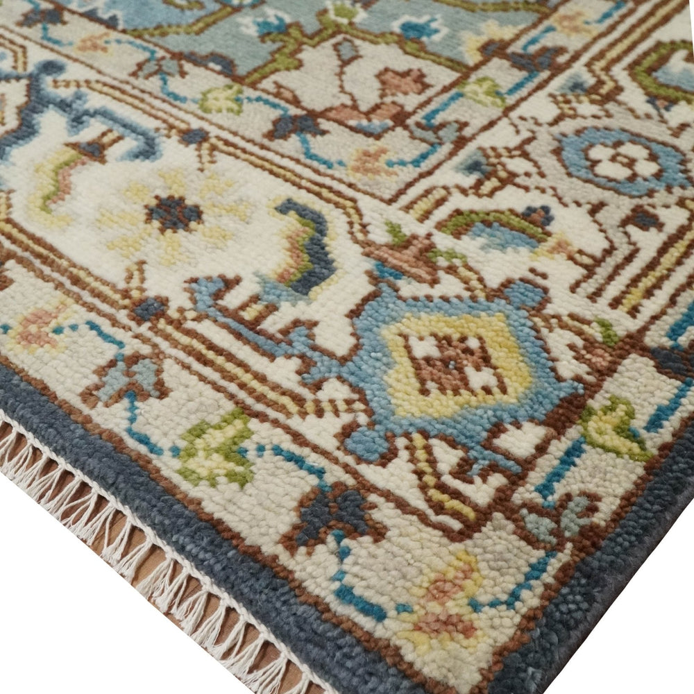 Ivory, Blue, Rust and Beige Hand knotted Traditional Heriz wool Area Rug