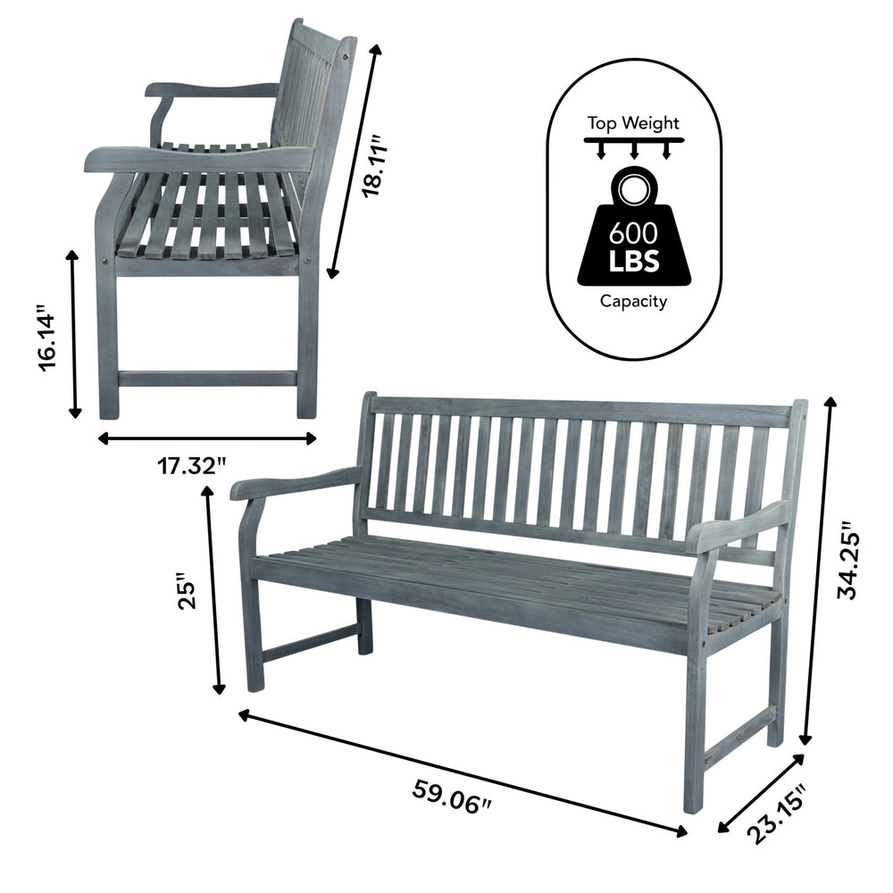 Laurel 3 - seat slat - back support acacia wood outdoor garden patio bench - Tuesday Morning - Outdoor Benches