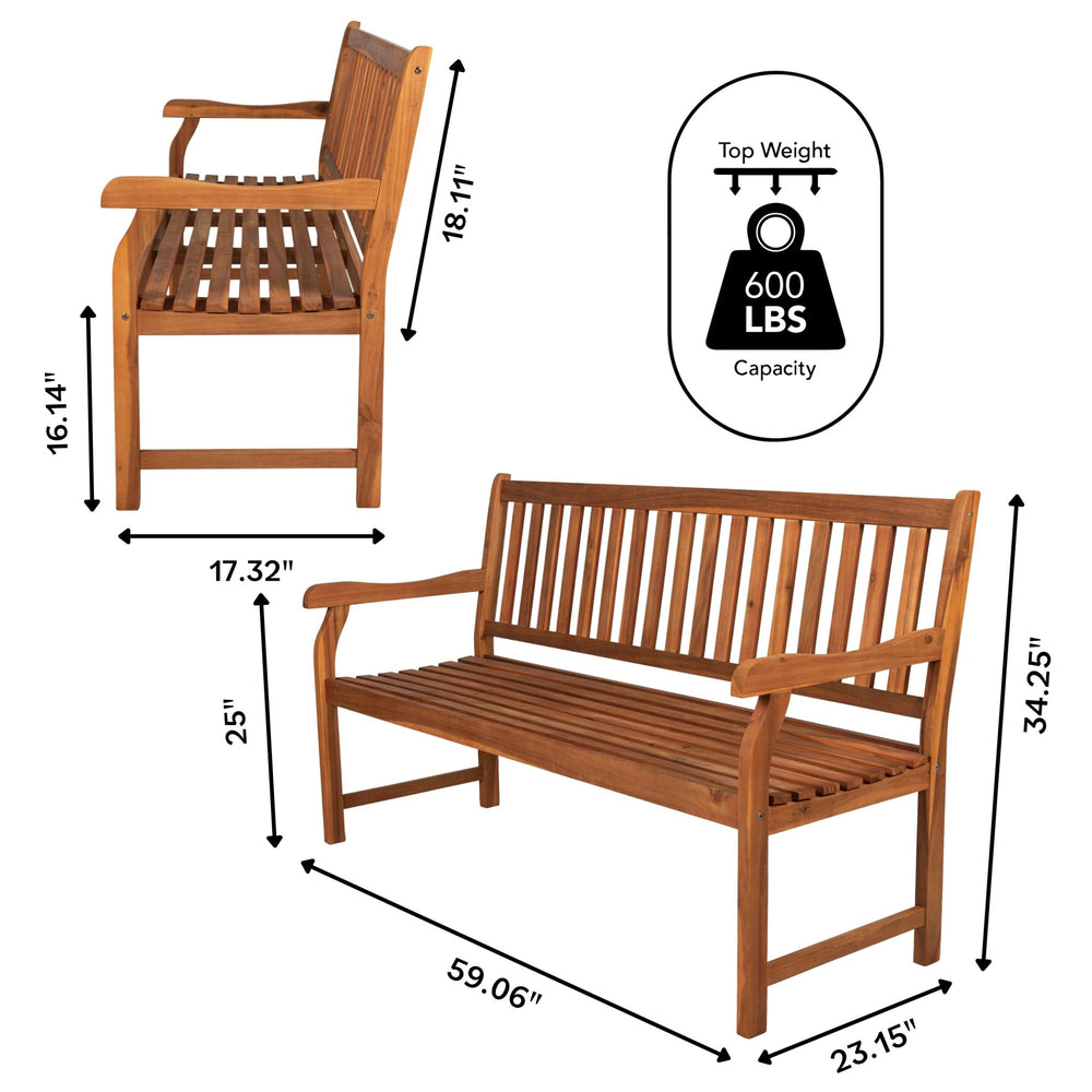 Laurel 3 - seat slat - back support acacia wood outdoor garden patio bench - Tuesday Morning - Outdoor Benches