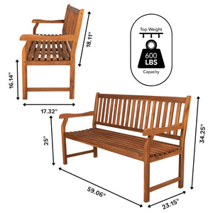 Laurel 3 - seat slat - back support acacia wood outdoor garden patio bench - Tuesday Morning - Outdoor Benches