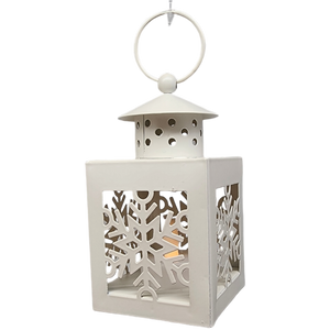 B/O Lighted Metal Holiday Lantern with LED Tealight - White