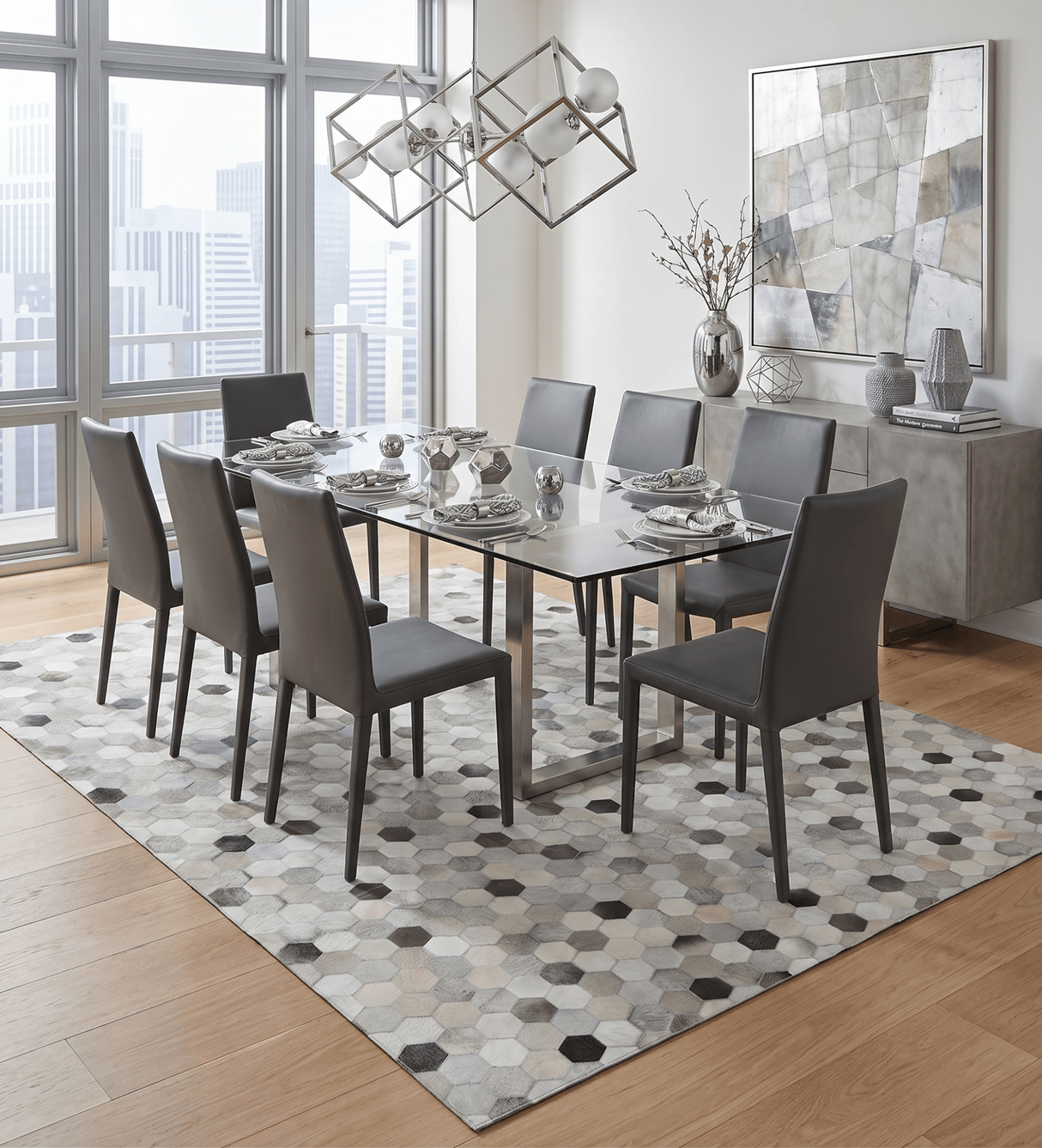 Leather Patchwork Silver and Ivory Leather Modern Geometric Custom Made Rug