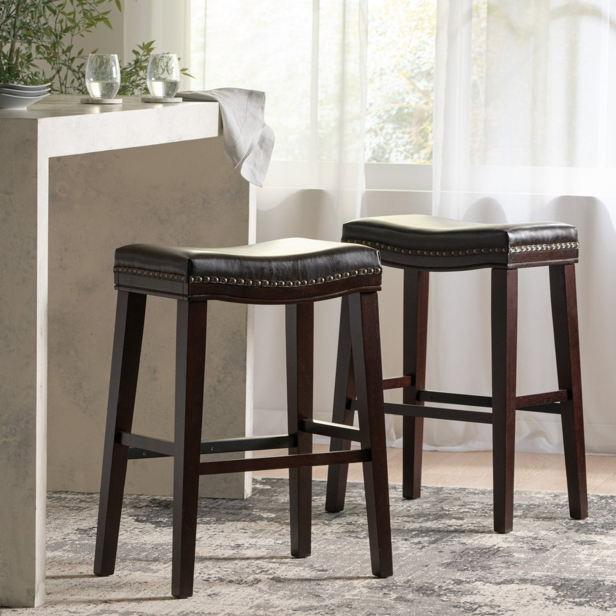 Leather Upholstered Saddle Bar Stool with Nailhead Trim - Bar Stool