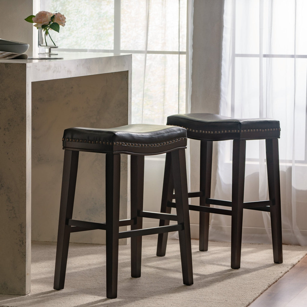 Leather Upholstered Saddle Bar Stool with Nailhead Trim - Bar Stool