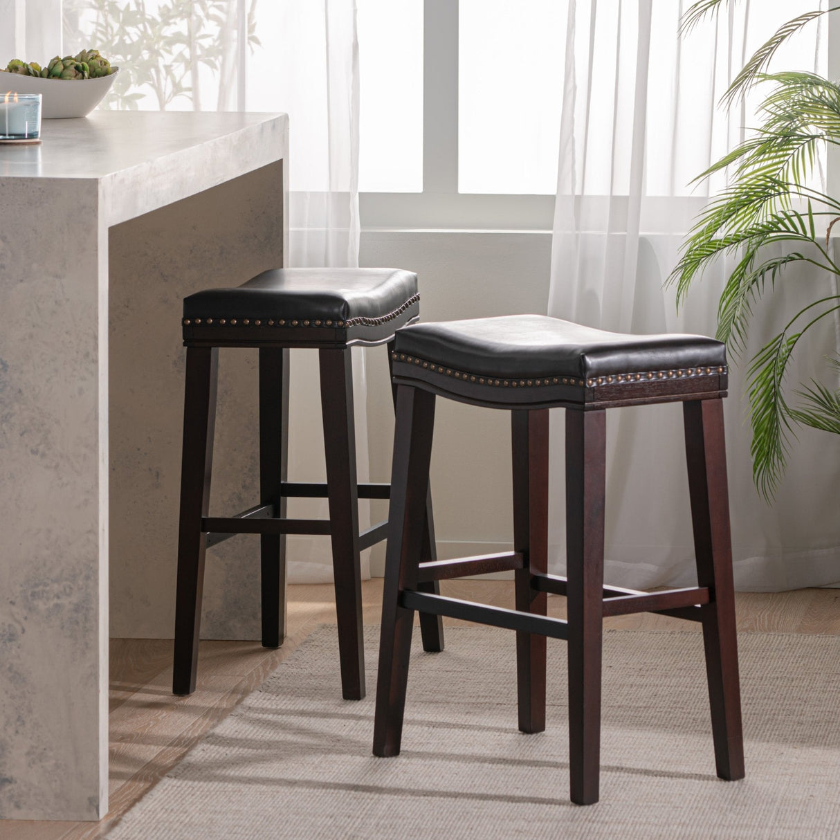 Leather Upholstered Saddle Bar Stool with Nailhead Trim - Bar Stool