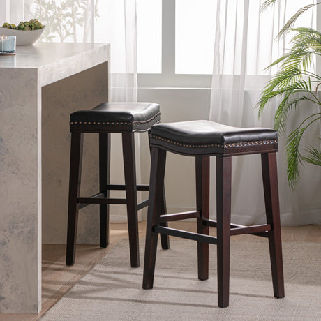 Leather Upholstered Saddle Bar Stool with Nailhead Trim - Bar Stool