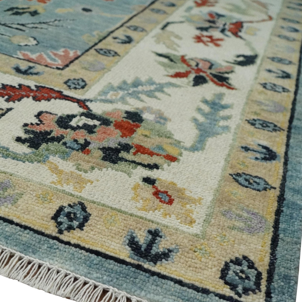 Light Blue and Ivory hand knotted 8.10x11.8 Vibrant colorful Traditional Oushak Wool Area Rug