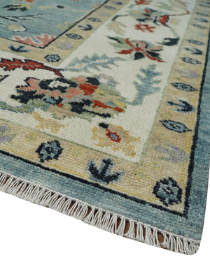Light Blue and Ivory hand knotted 8.10x11.8 Vibrant colorful Traditional Oushak Wool Area Rug