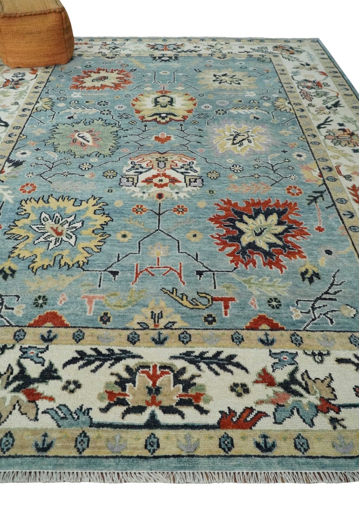 Light Blue and Ivory hand knotted 8.10x11.8 Vibrant colorful Traditional Oushak Wool Area Rug