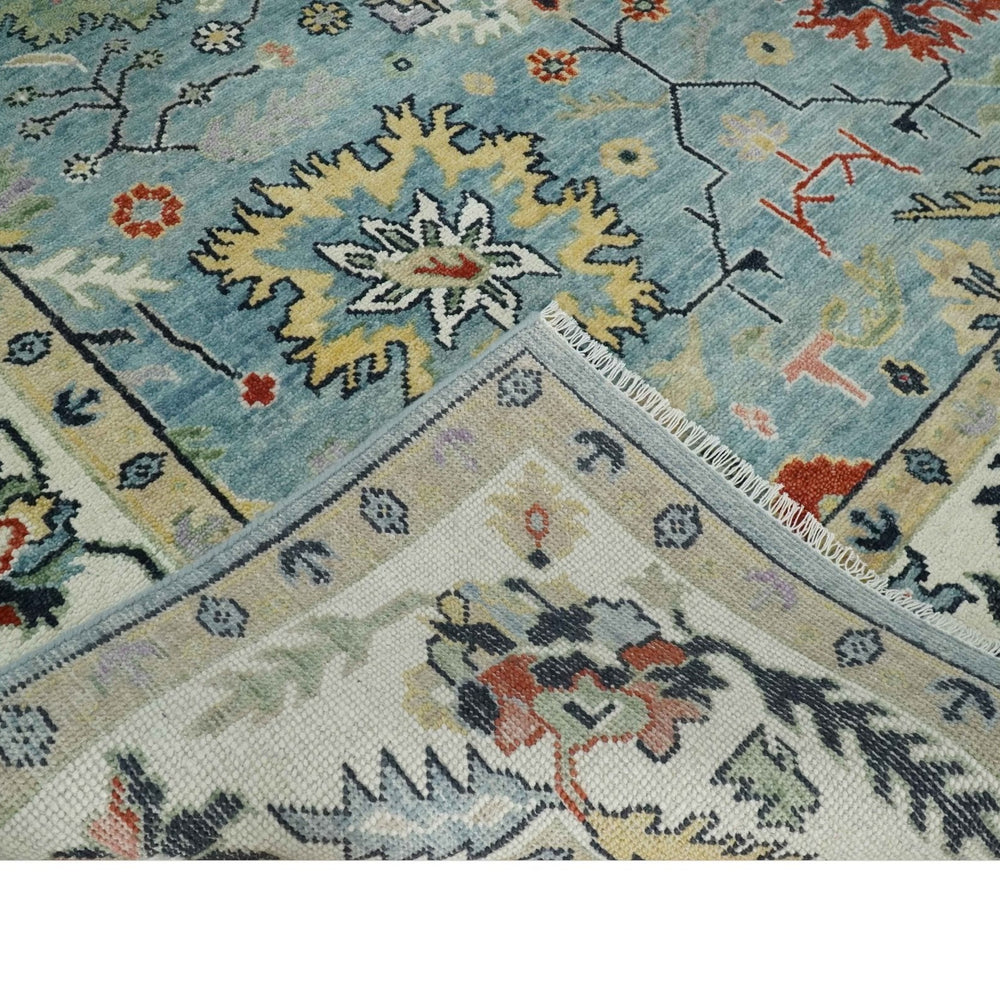 Light Blue and Ivory hand knotted 8.10x11.8 Vibrant colorful Traditional Oushak Wool Area Rug