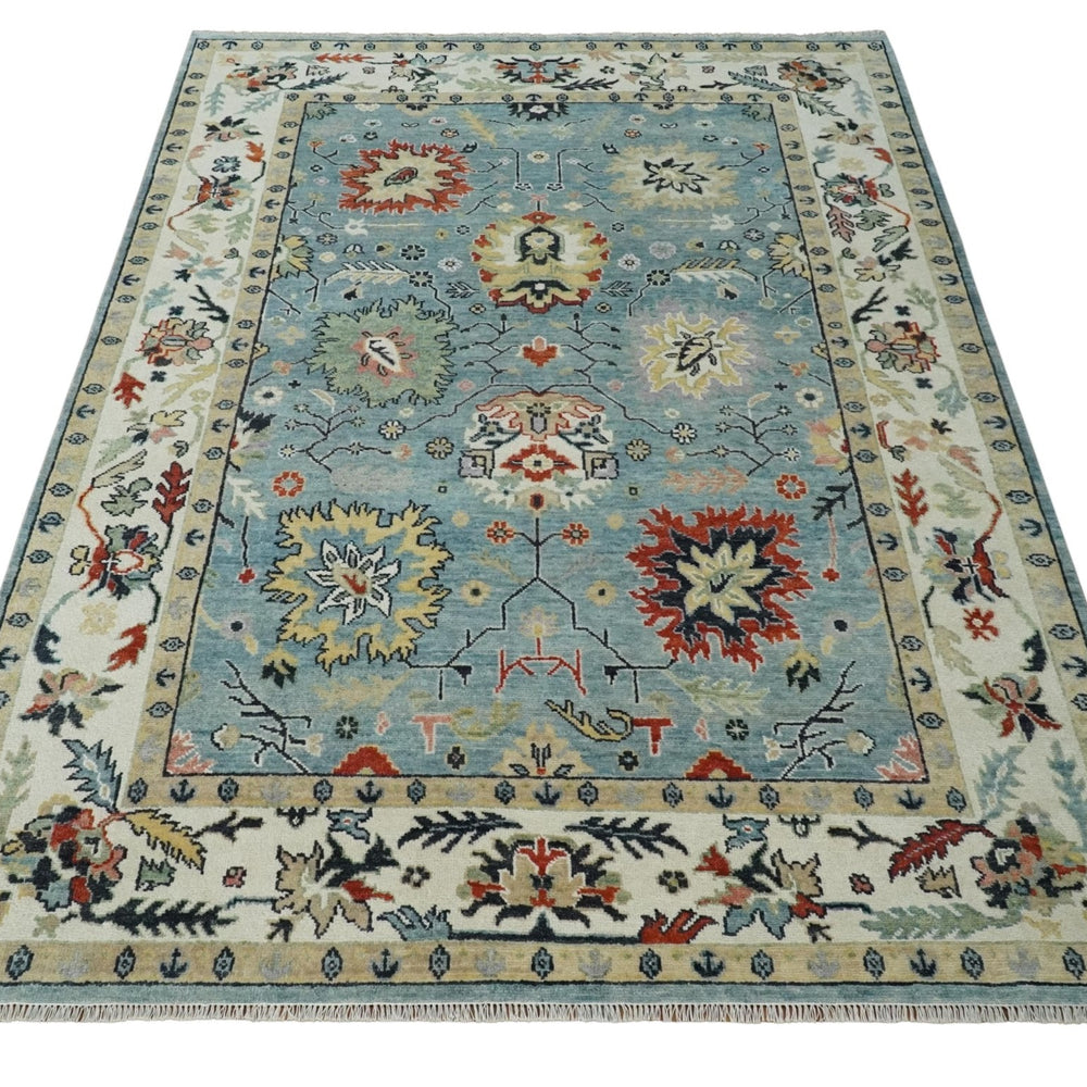 Light Blue and Ivory hand knotted 8.10x11.8 Vibrant colorful Traditional Oushak Wool Area Rug