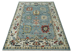 Light Blue and Ivory hand knotted 8.10x11.8 Vibrant colorful Traditional Oushak Wool Area Rug