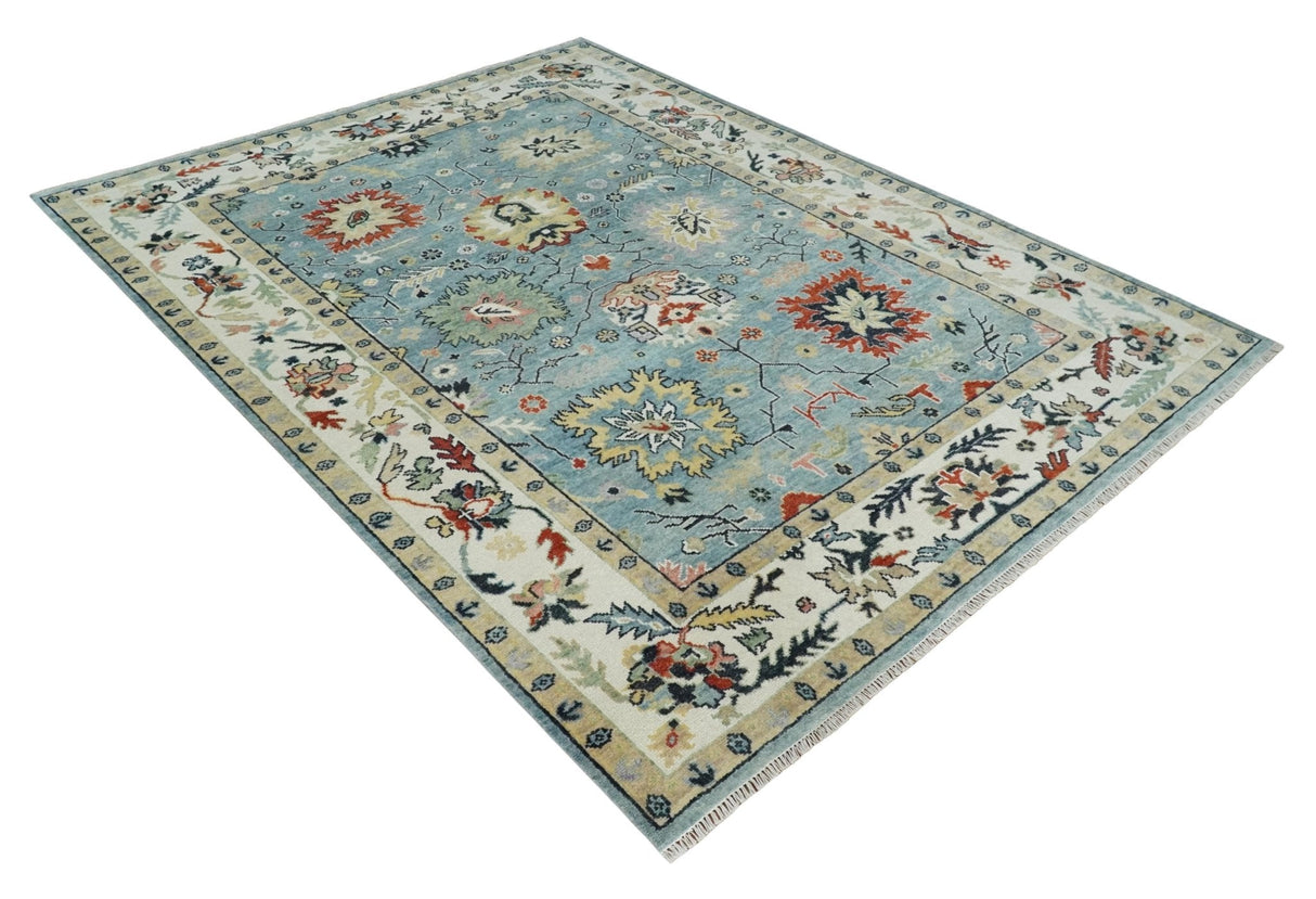 Light Blue and Ivory hand knotted 8.10x11.8 Vibrant colorful Traditional Oushak Wool Area Rug