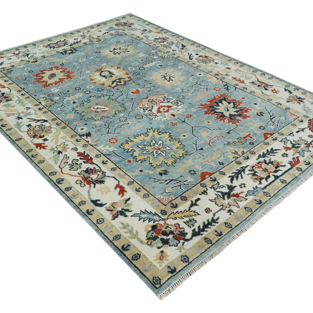 Light Blue and Ivory hand knotted Vibrant colorful Traditional Oushak Wool Area Rug