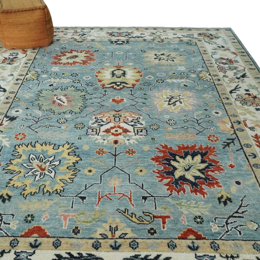 Light Blue and Ivory hand knotted Vibrant colorful Traditional Oushak Wool Area Rug
