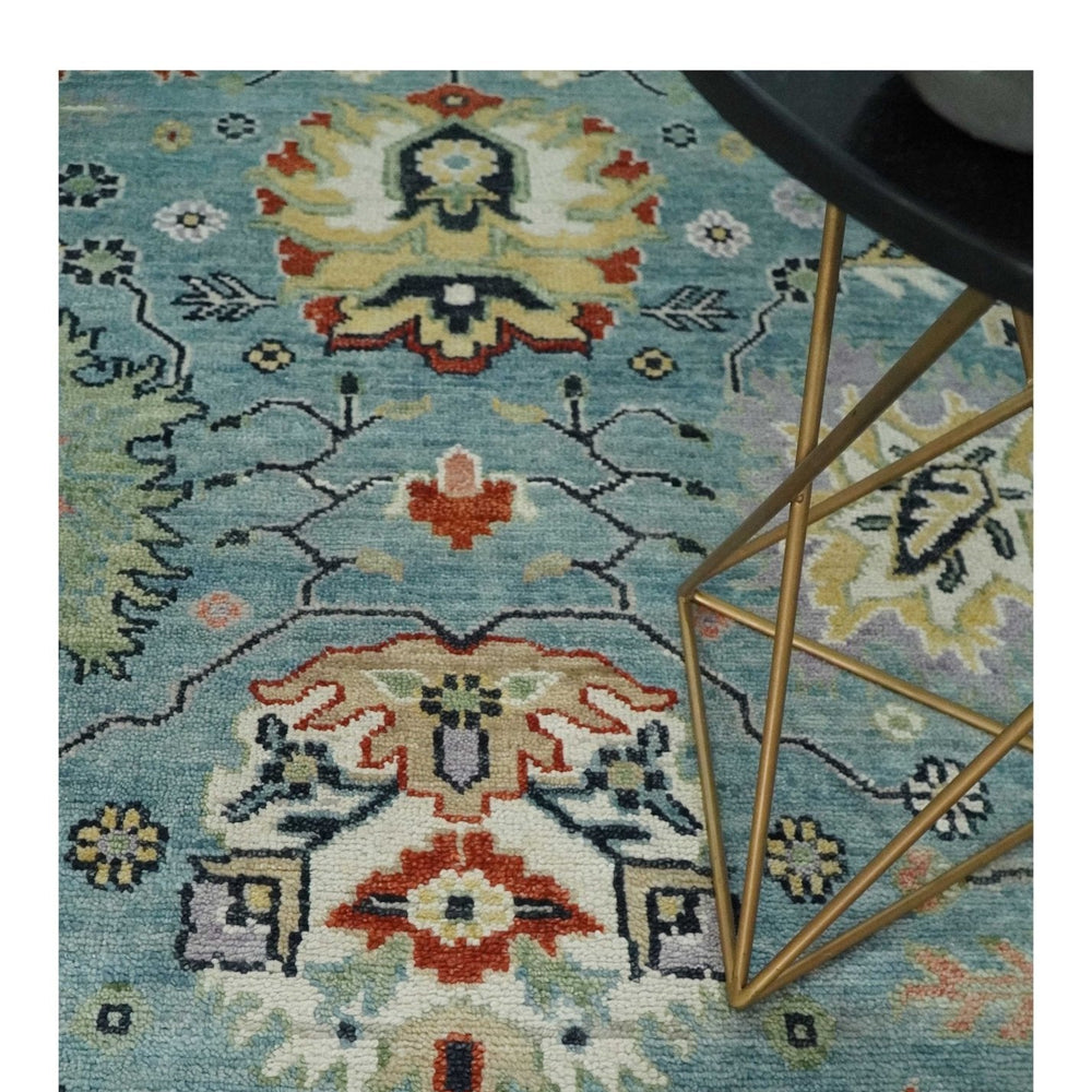 Light Blue and Ivory hand knotted Vibrant colorful Traditional Oushak Wool Area Rug